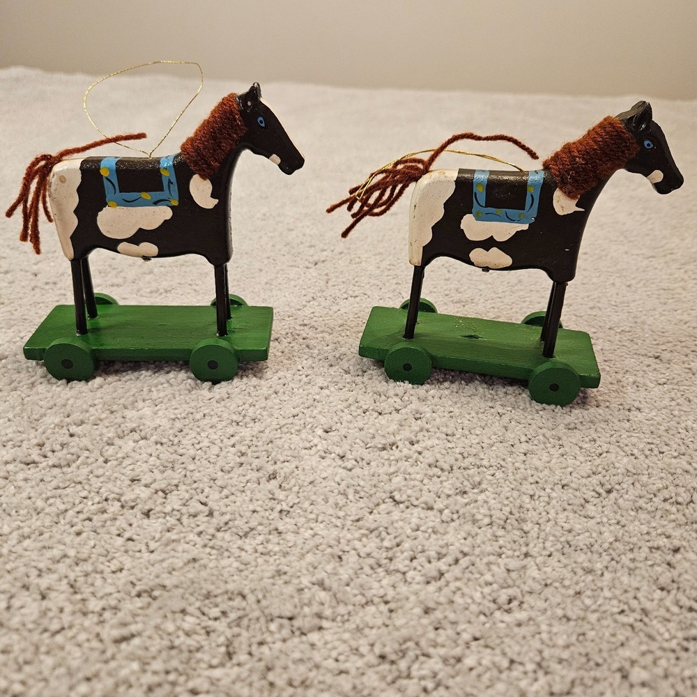 Christmas Mornin' Wooden Horse Pull Toy Ornaments Set of 2 Hand Painted Vintage